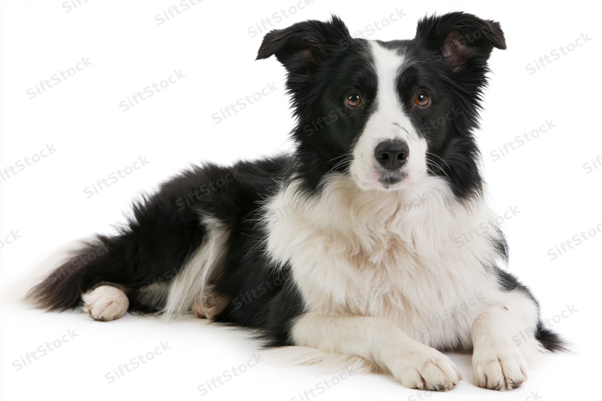 Border collie lying down facing camera with alert expression on white background