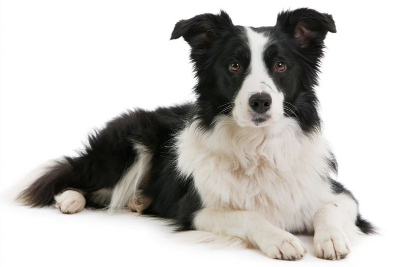 Border collie lying down facing camera with alert expression on white background