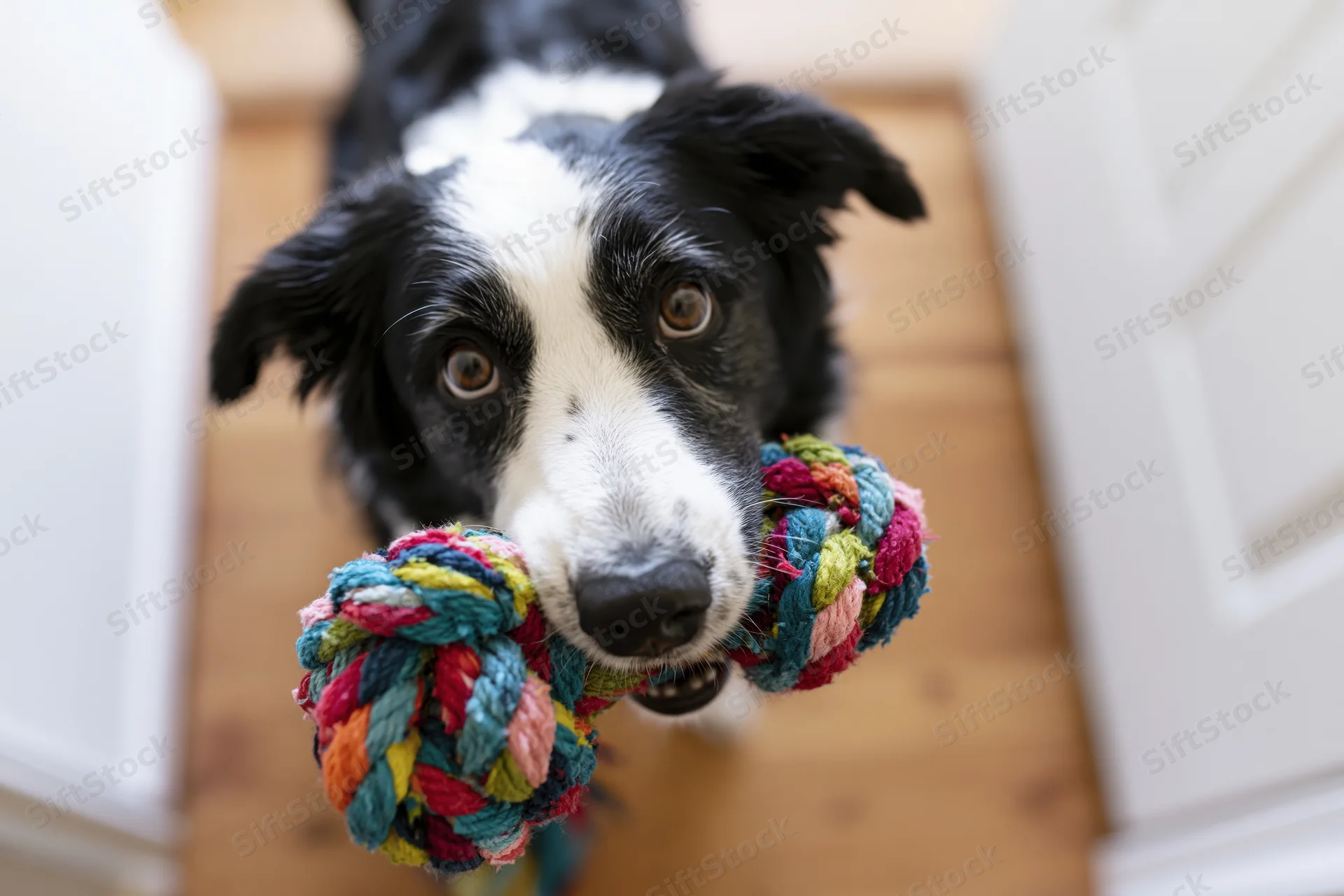 Border collie holding colorful knotted rope toy in mouth indoors
