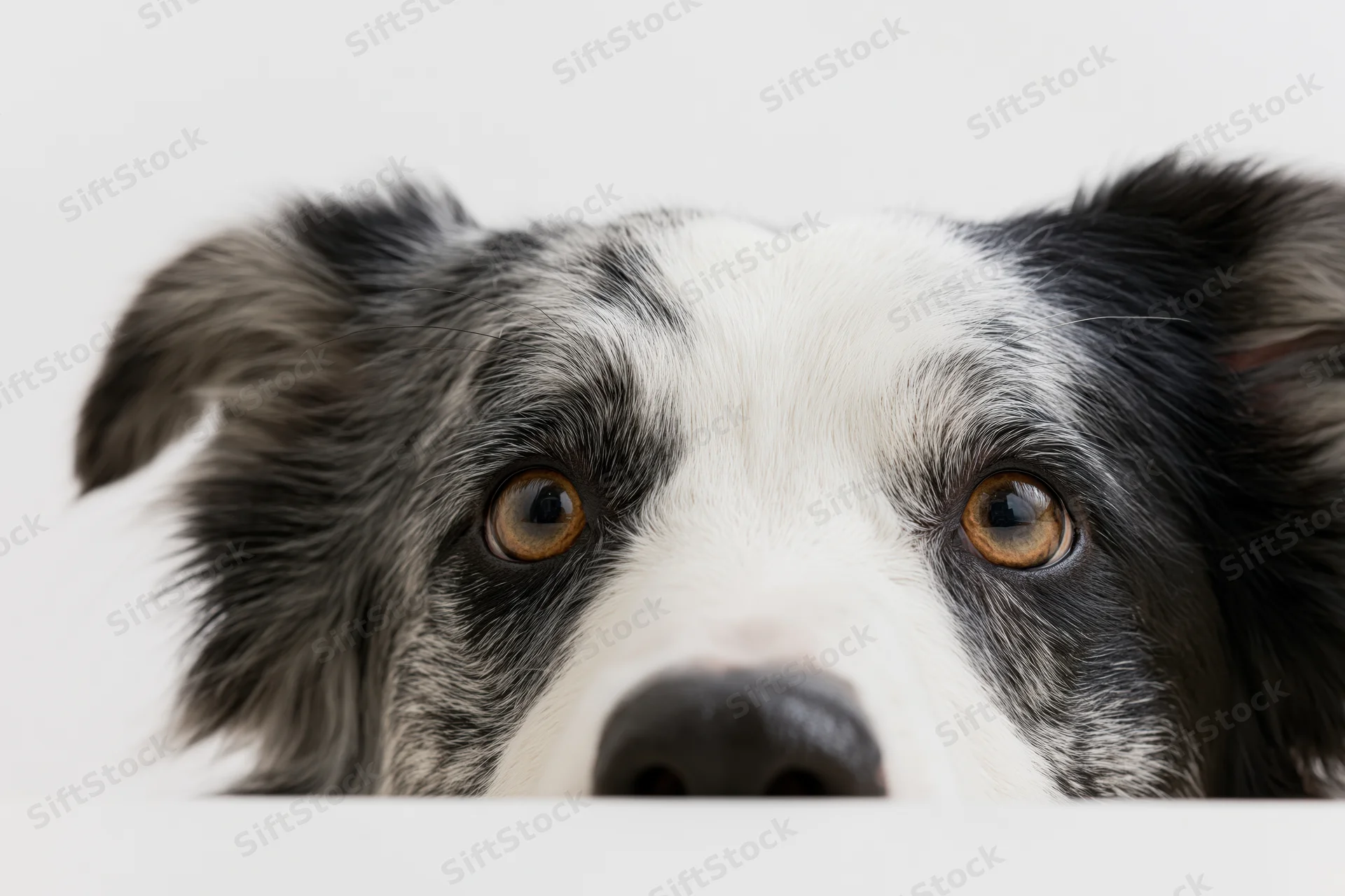 Border collie peeking over edge with head and eyes visible against white background