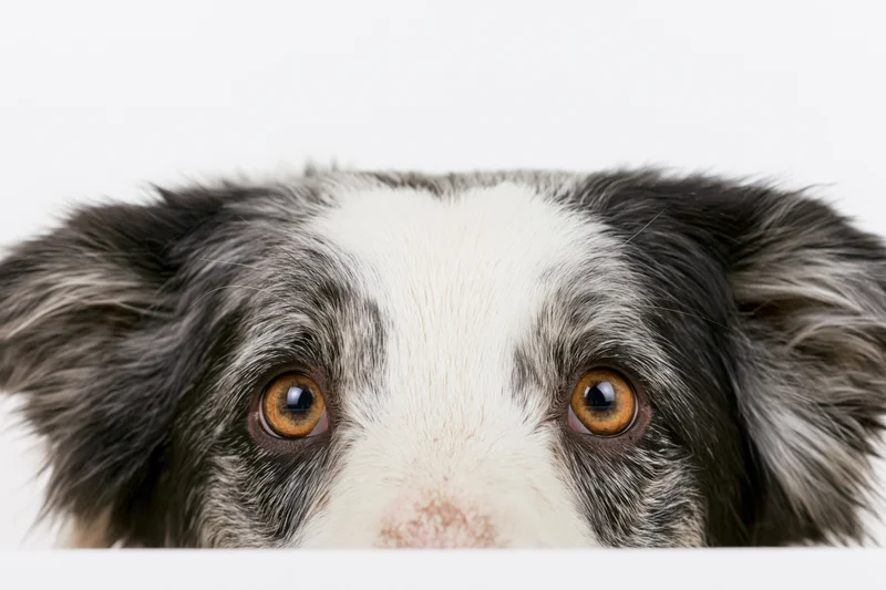 Border collie peering over frame edge with eyes and top of head visible against white background