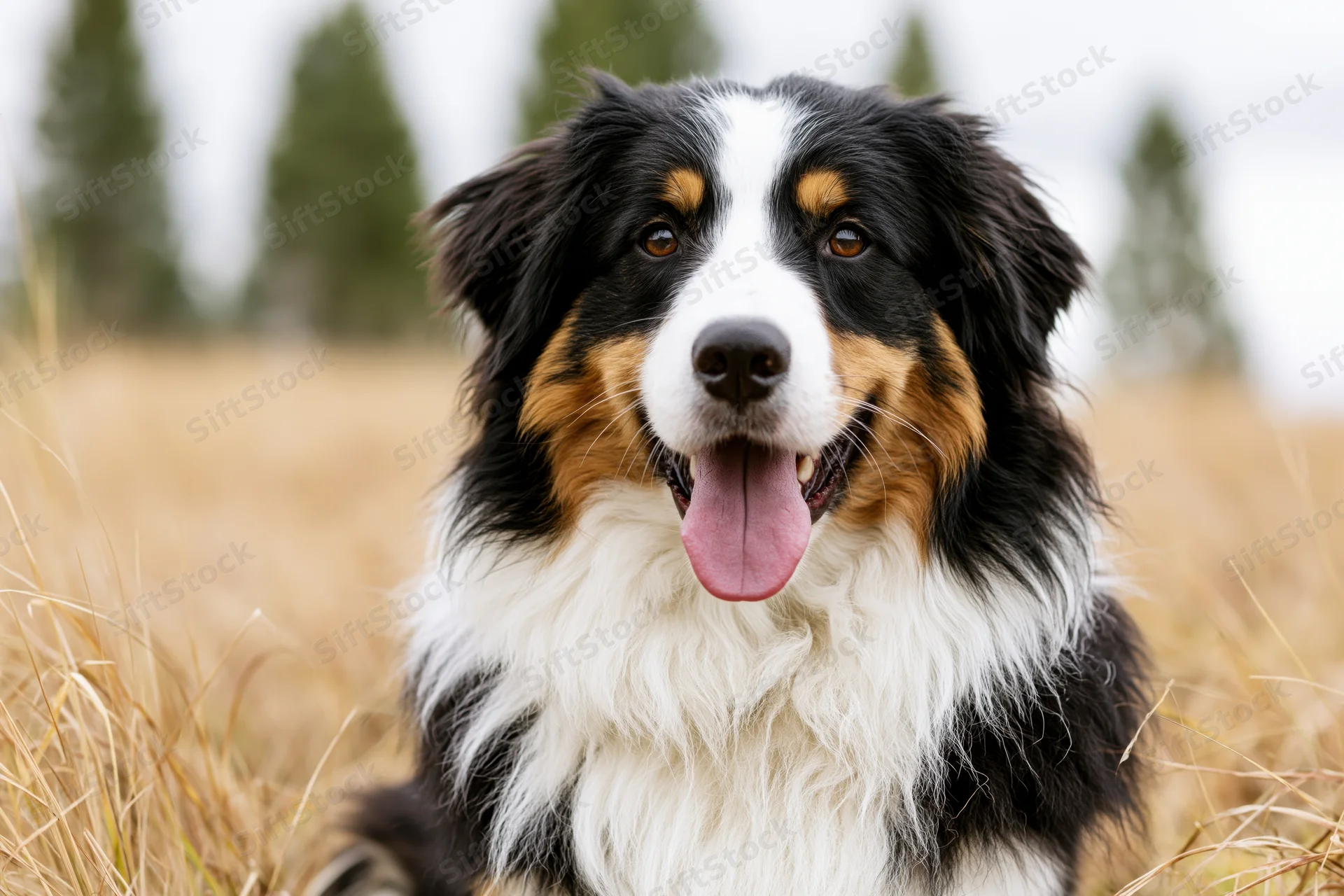Border collie with tri-color fur panting in a dry grassy field