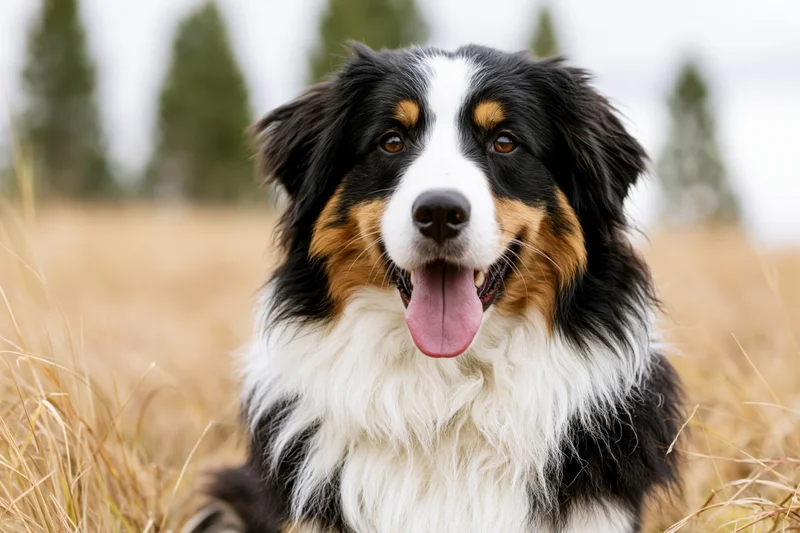 Border collie with tri-color fur panting in a dry grassy field