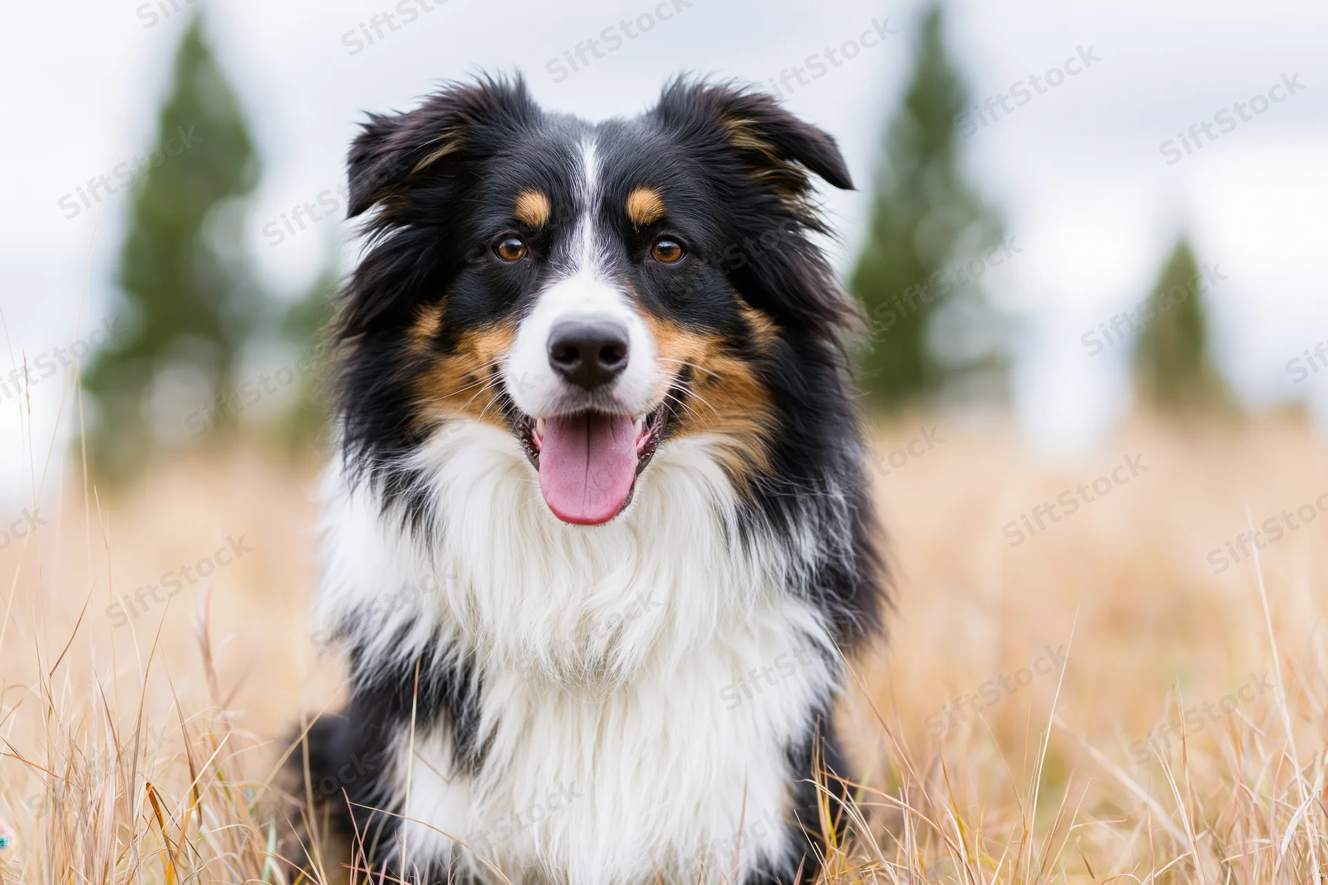 Border collie sitting in a grassy field with tongue out, looking at camera