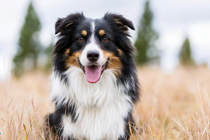 Border collie sitting in a grassy field with tongue out, looking at camera