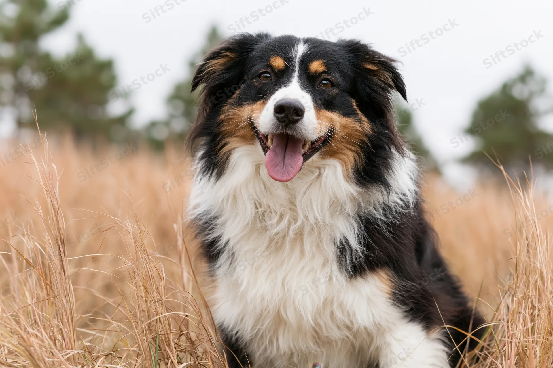 Border collie sitting in a field of dry grass with tongue out, surrounded by trees and overcast sky