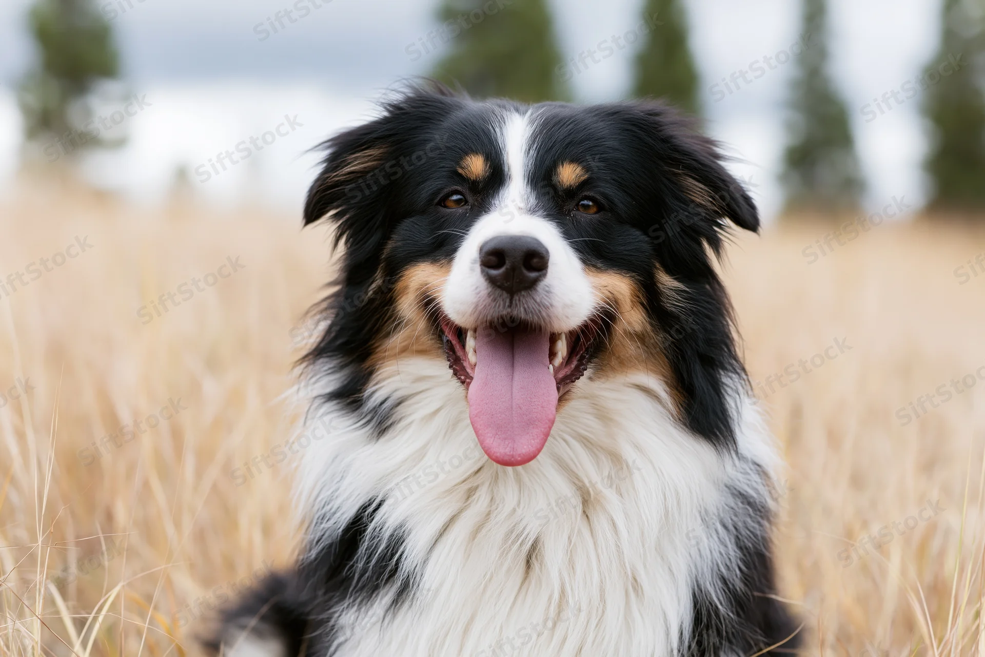 Border collie with tri-color black white and tan markings sitting in a golden field with tongue out