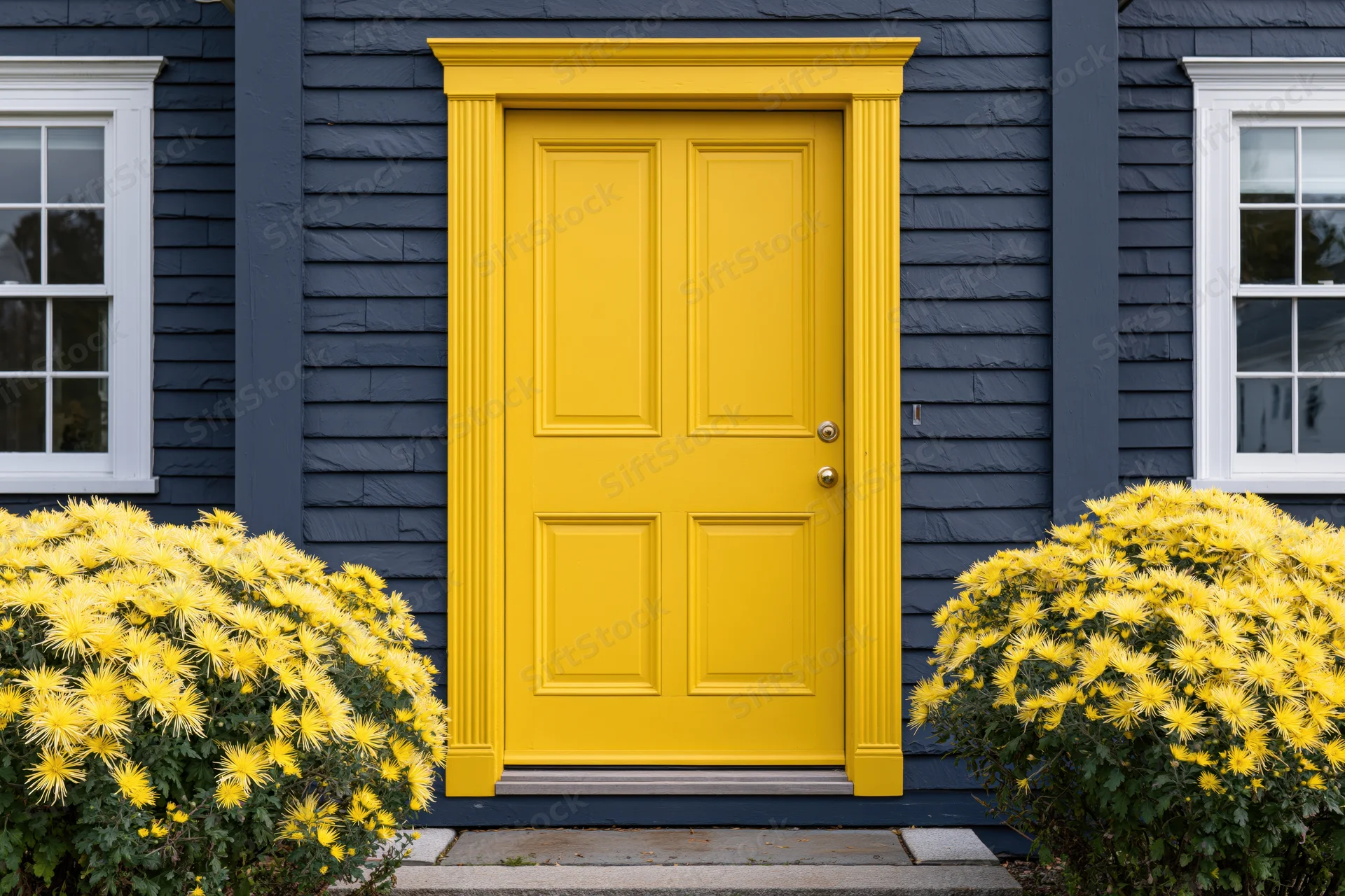 Bright yellow front door with raised panels flanked by yellow chrysanthemums on a navy blue house exterior