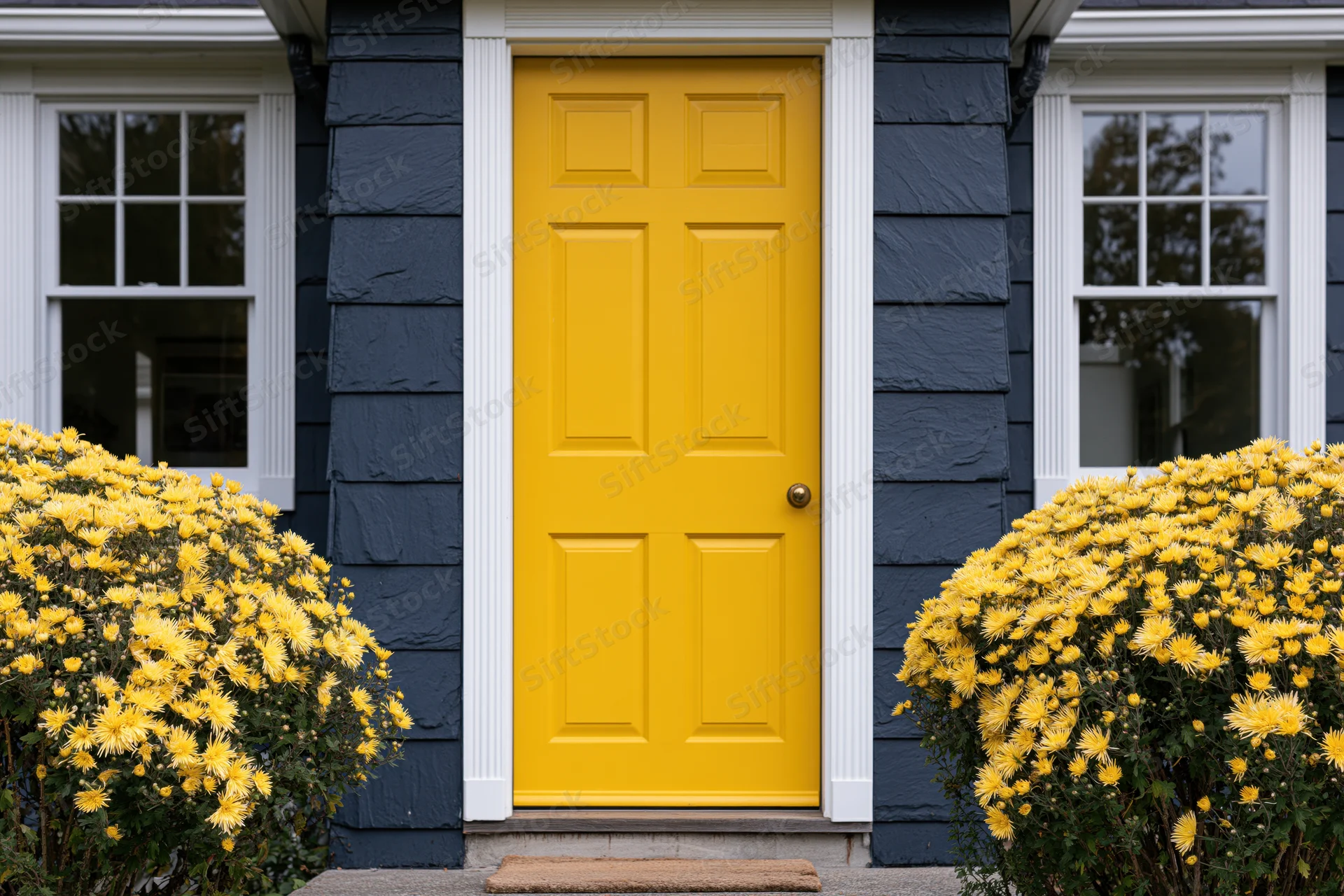 Bright yellow front door flanked by yellow chrysanthemum bushes on a blue-siding house exterior