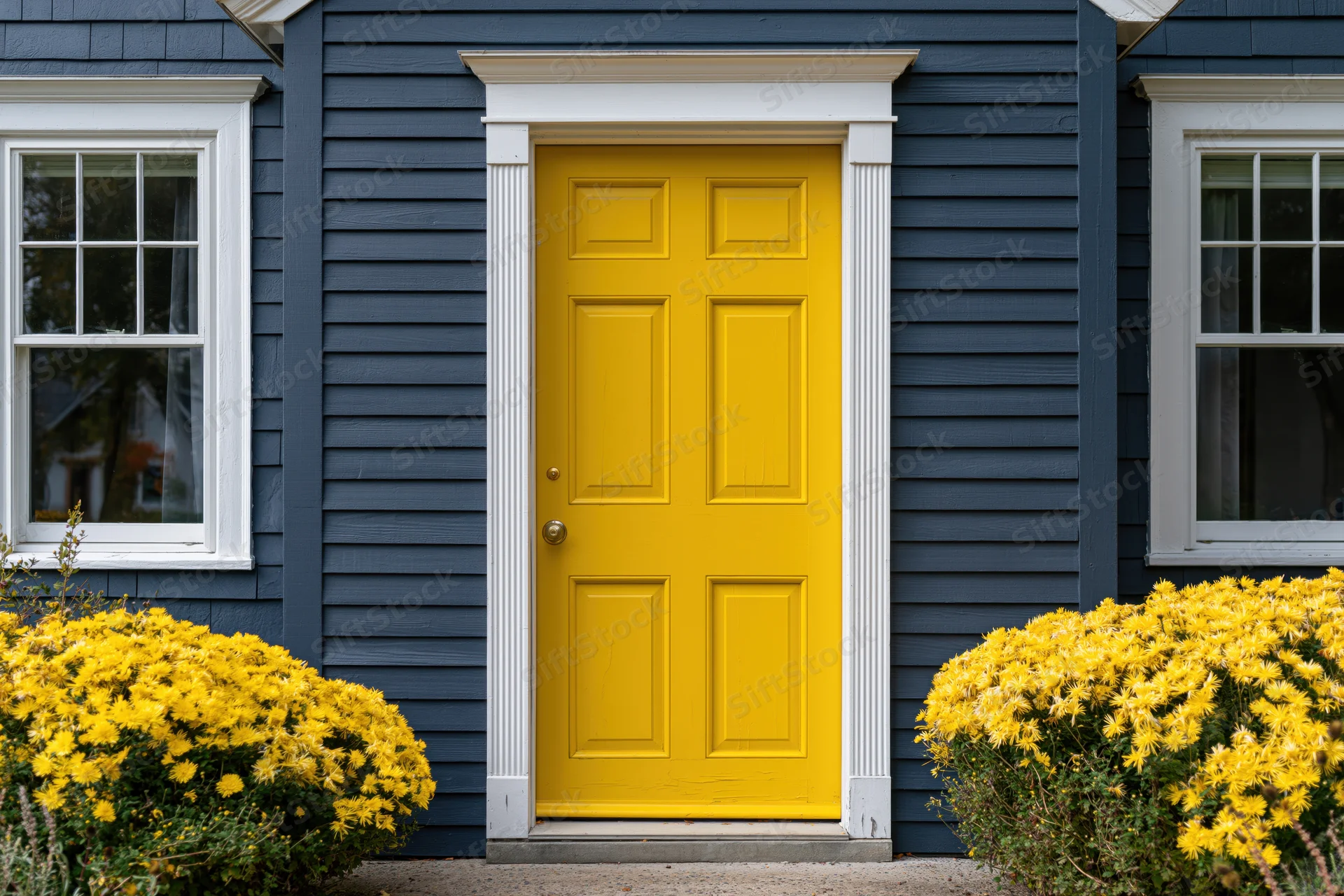 Bright yellow front door with white trim on a blue house flanked by yellow flowering bushes
