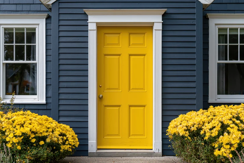 Bright yellow front door with white trim on a blue house flanked by yellow flowering bushes