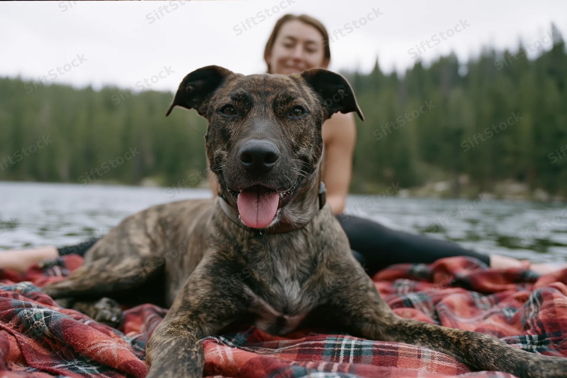 Brindle mixed-breed dog lying on plaid blanket outdoors with woman in background near lake and forest