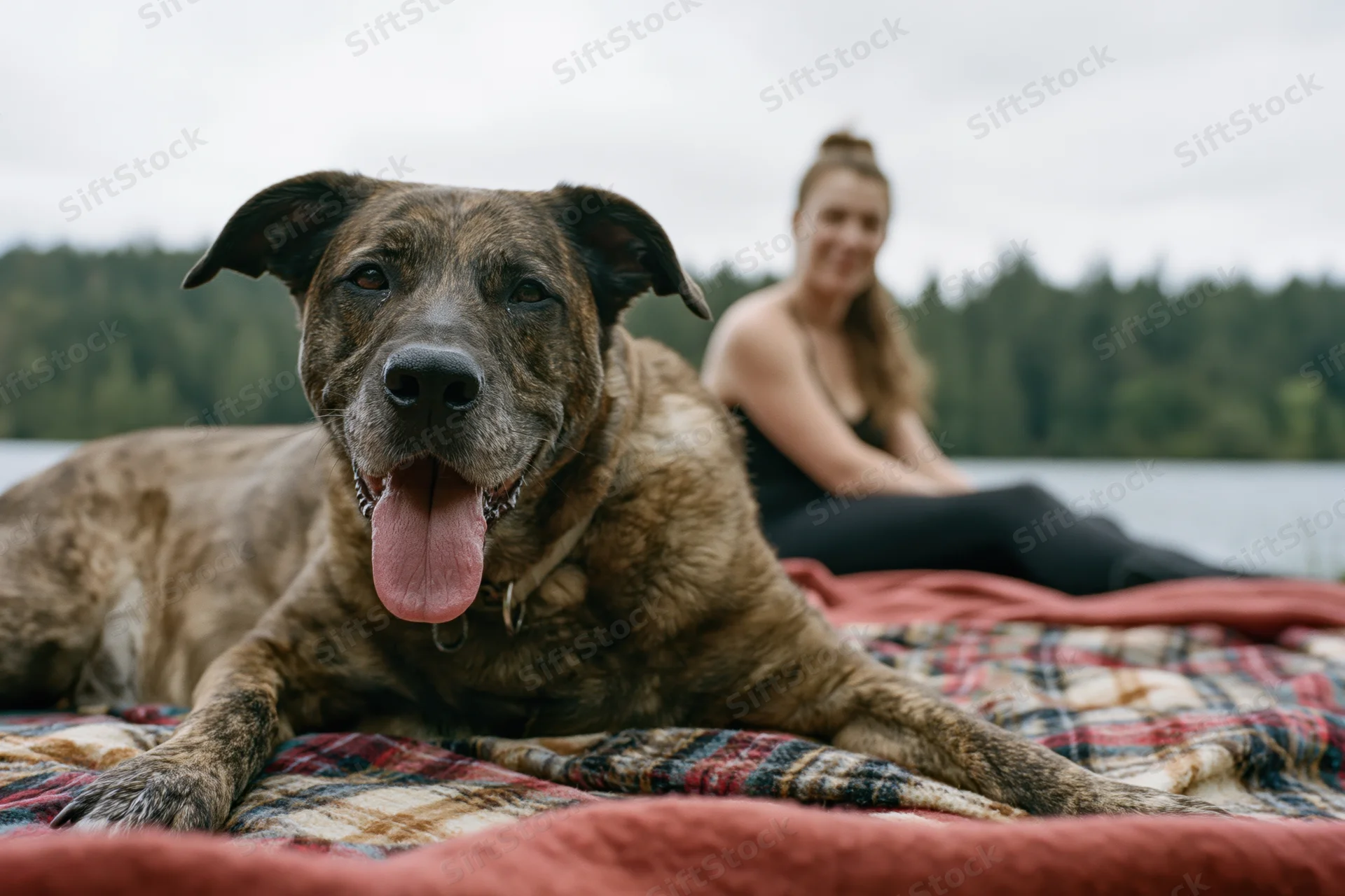 Brindle mixed-breed dog lying on plaid blanket outdoors with woman in background near lake