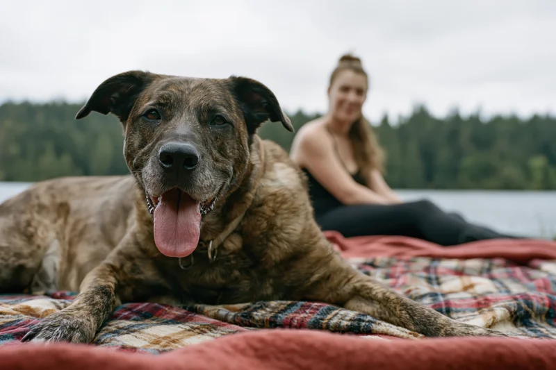 Brindle mixed-breed dog lying on plaid blanket outdoors with woman in background near lake
