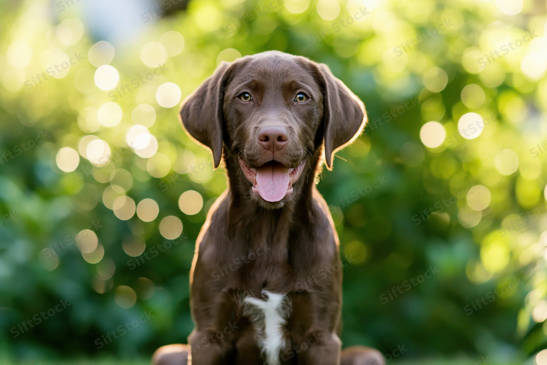 Chocolate labrador puppy sitting upright with tongue out in a sunlit garden
