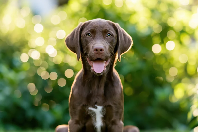 Chocolate labrador puppy sitting upright with tongue out in a sunlit garden
