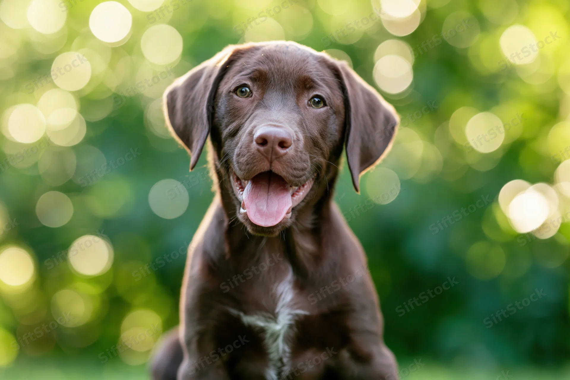 Chocolate labrador puppy sitting upright with mouth open and tongue out in a sunlit garden