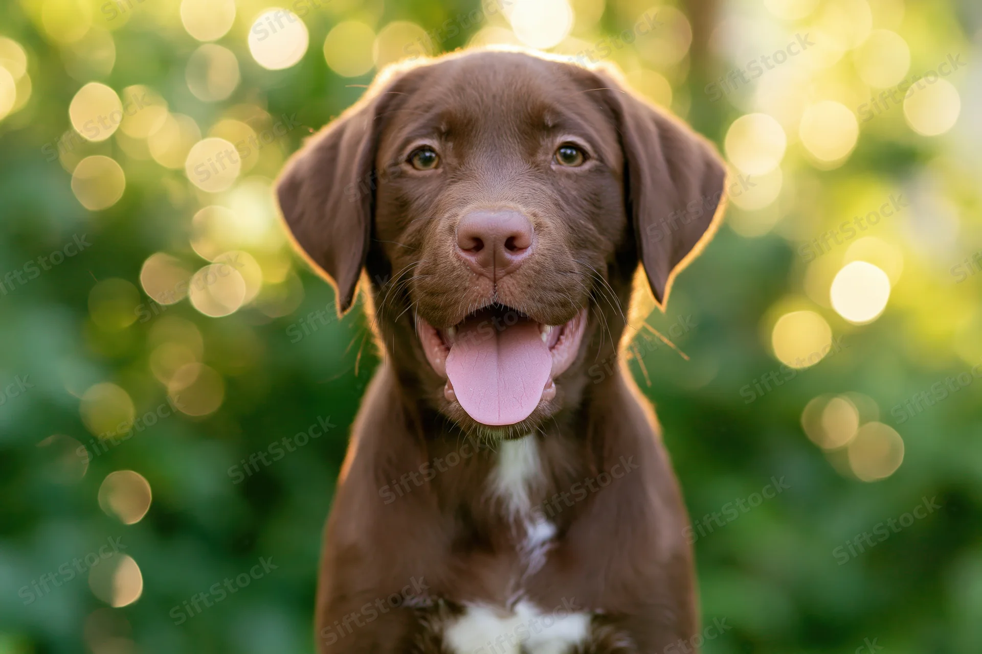 Brown labrador puppy with open mouth and tongue out in a sunlit garden setting