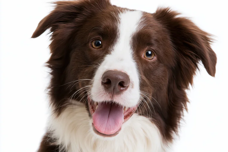 Brown and white border collie with open mouth and tongue out facing camera in studio portrait