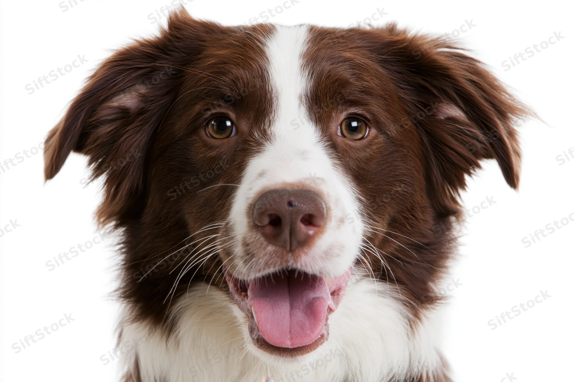 Brown and white border collie facing camera with mouth open and tongue out on white background