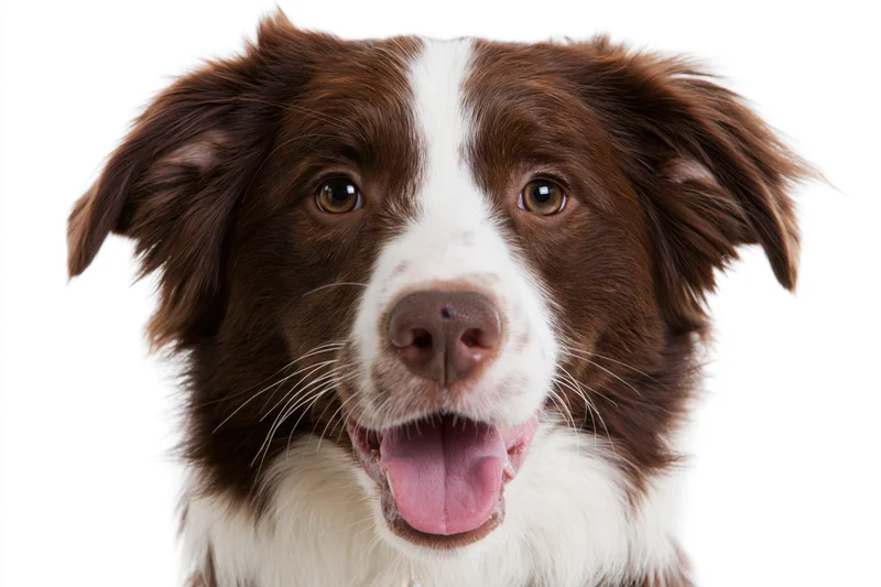Brown and white border collie facing camera with mouth open and tongue out on white background