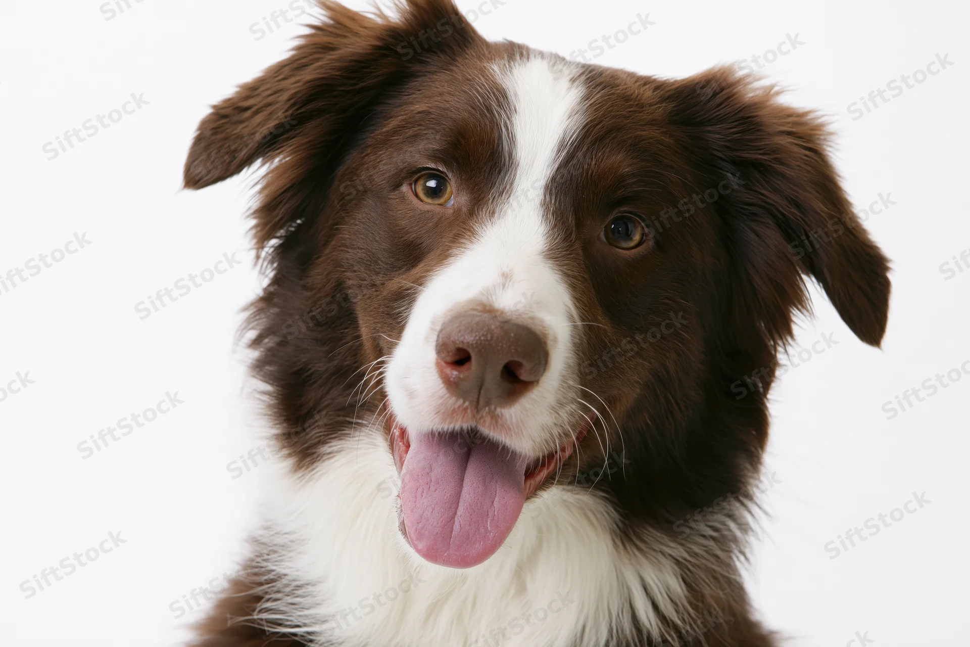Brown and white border collie with open mouth and tongue out in studio portrait