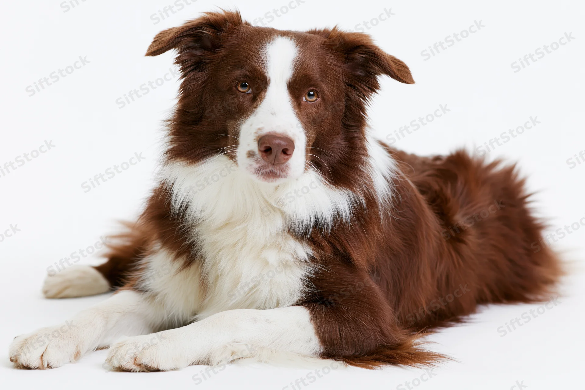 Brown and white border collie lying down with front paws stretched on white background