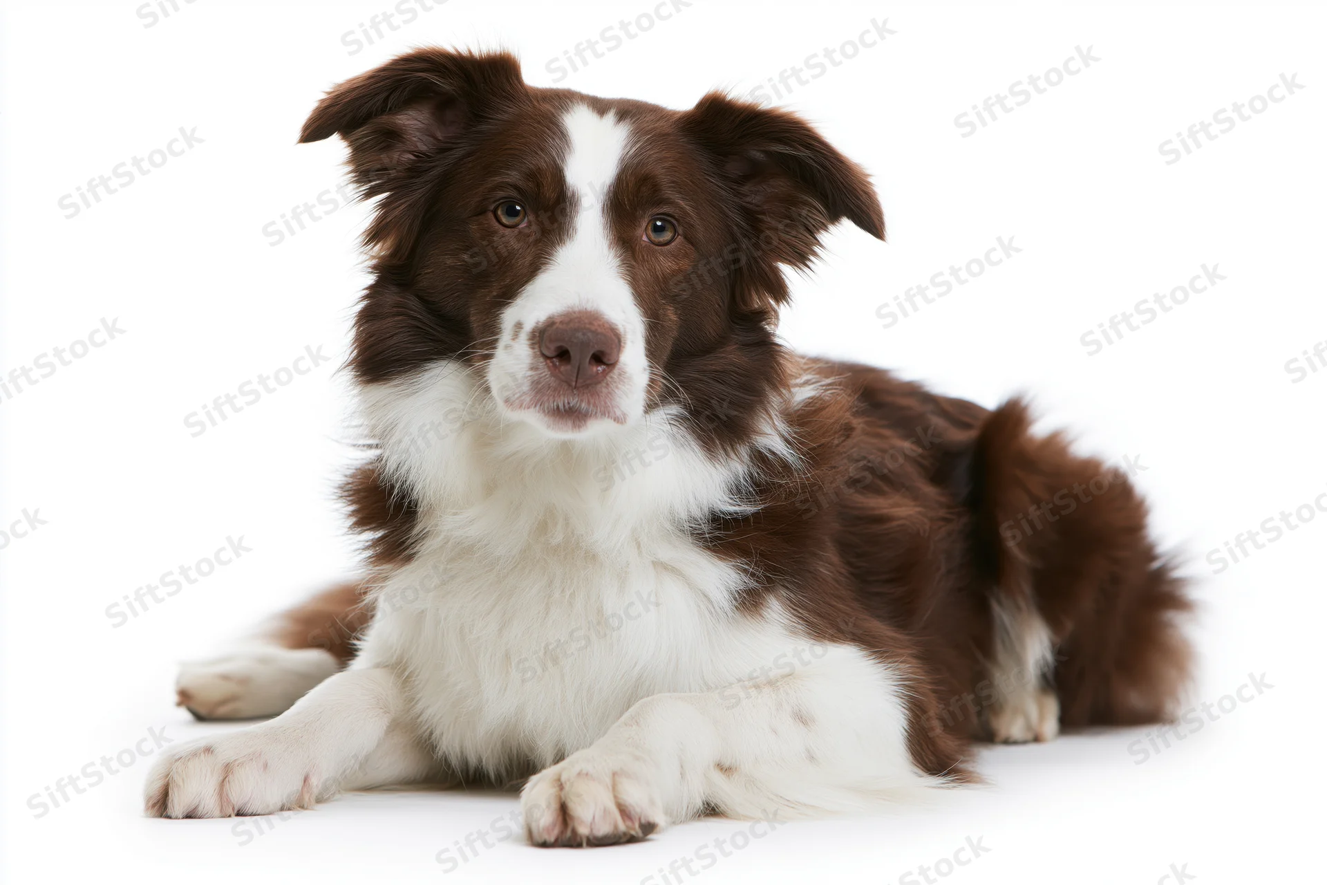 Brown and white border collie lying down with front paws stretched on white background