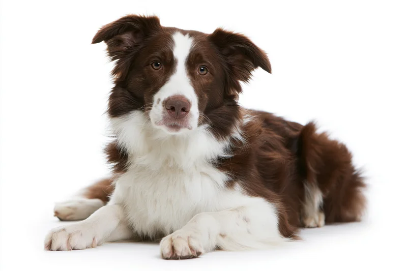 Brown and white border collie lying down with front paws stretched on white background