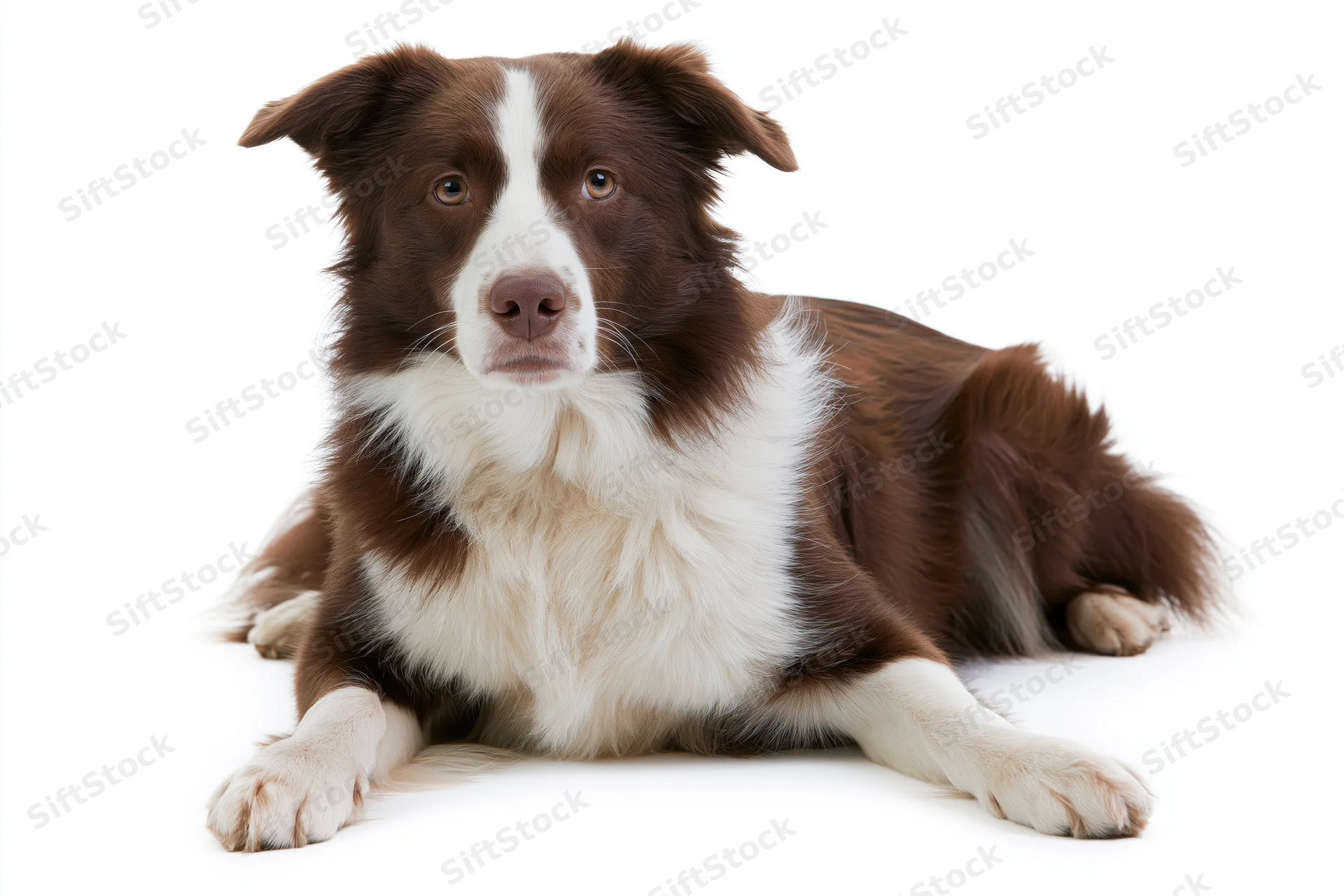 Brown and white border collie lying down with front paws stretched on white background