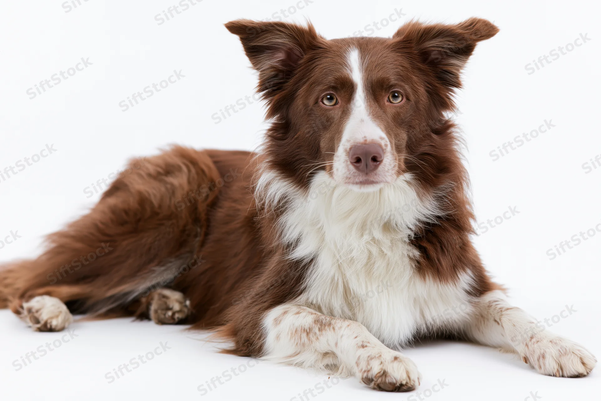 Brown and white border collie lying down with front paws stretched on white background