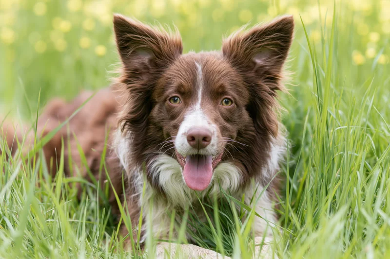 Brown and white border collie lying in tall green grass with tongue out