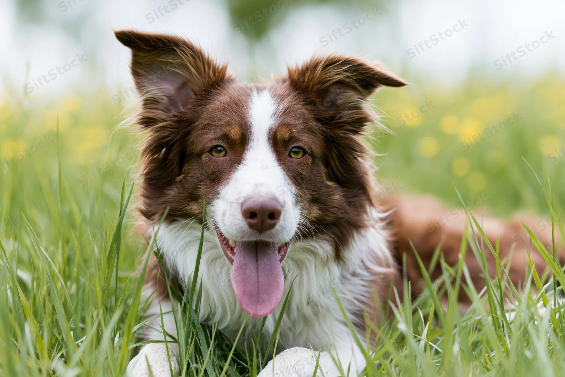 Brown and white border collie lying in tall green grass with tongue out