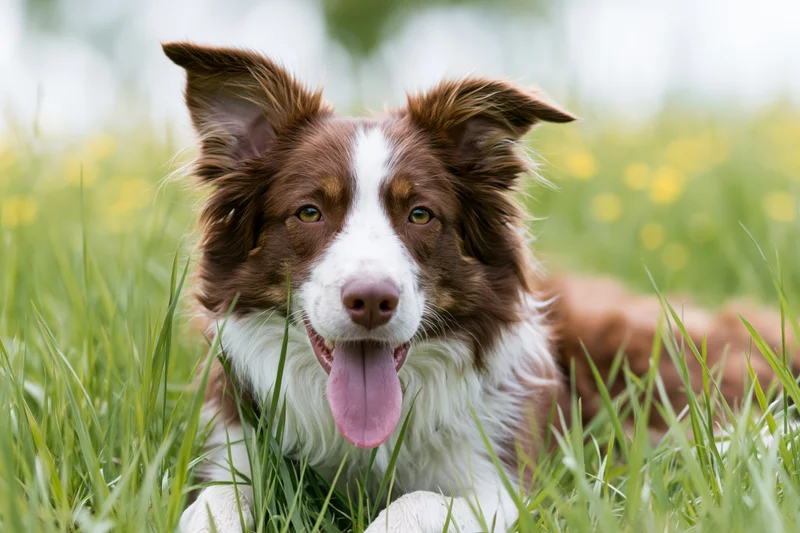 Brown and white border collie lying in tall green grass with tongue out