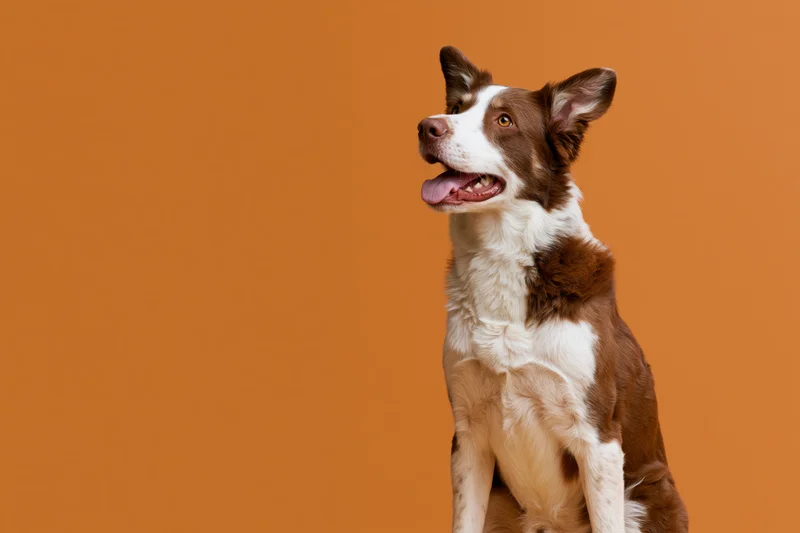 Brown and white border collie sitting upright with mouth open and tongue out against orange background