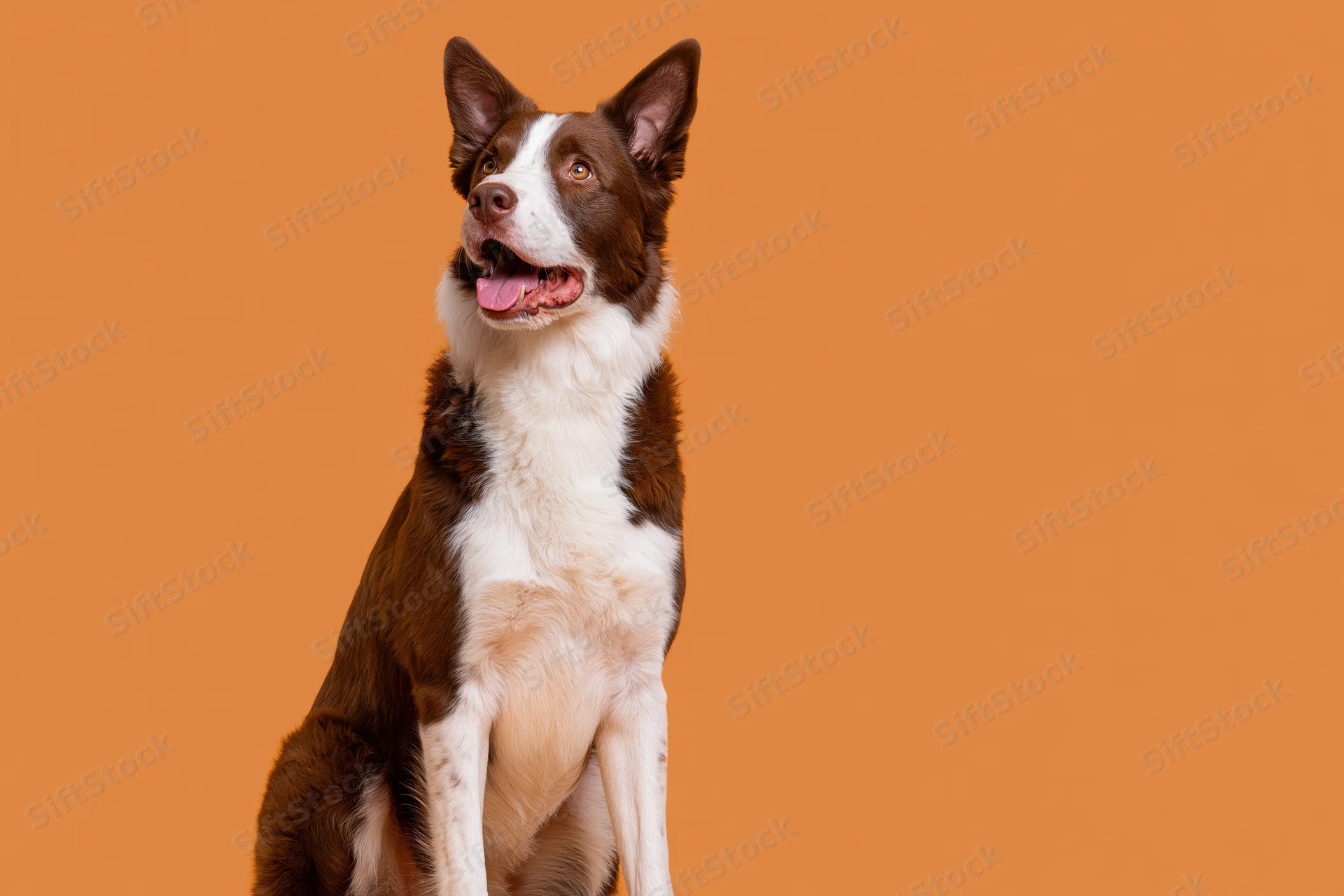 Brown and white border collie sitting upright with mouth open against orange background