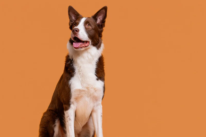 Brown and white border collie sitting upright with mouth open against orange background