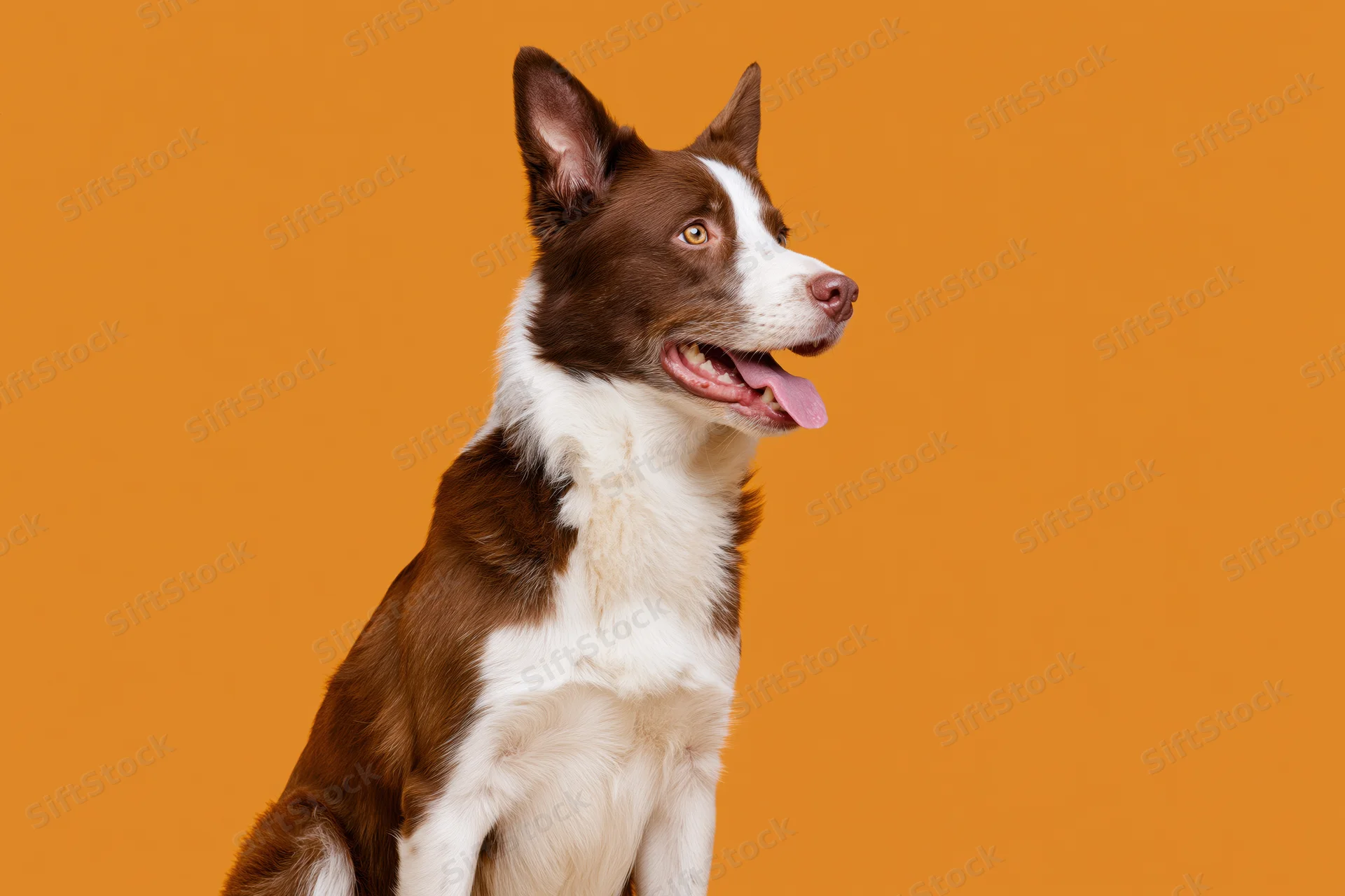 Brown and white border collie sitting upright with mouth open against orange background