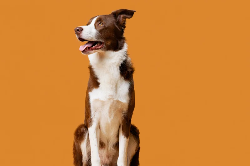 Brown and white border collie sitting upright with mouth open against orange background