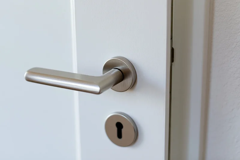 Closeup of brushed aluminum lever door handle with keyhole on white door