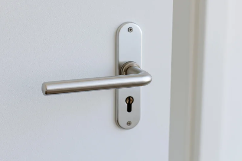 Brushed aluminum lever door handle with keyhole on white door