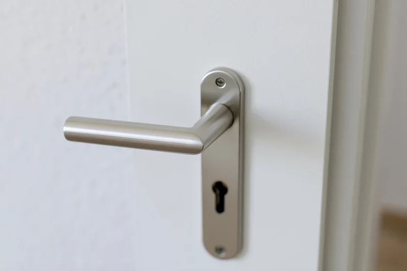 Brushed aluminum lever door handle with keyhole on white door interior