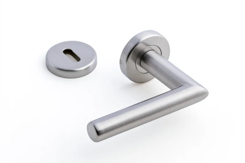 Brushed stainless steel door lever handle and round keyhole plate on white background