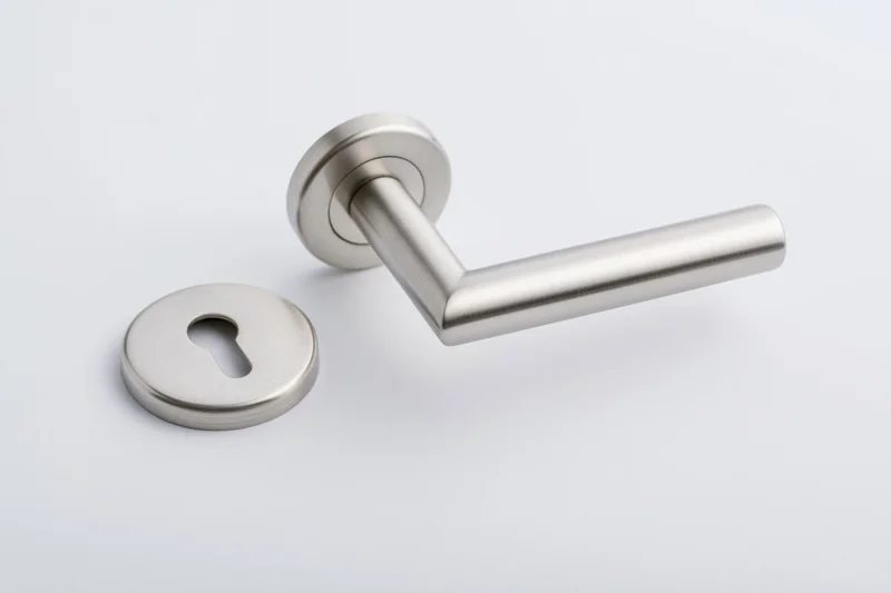Brushed stainless steel door lever handle and round keyhole plate on white background