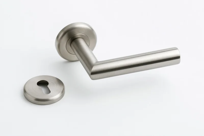 Brushed stainless steel door lever handle and round keyhole escutcheon on white background