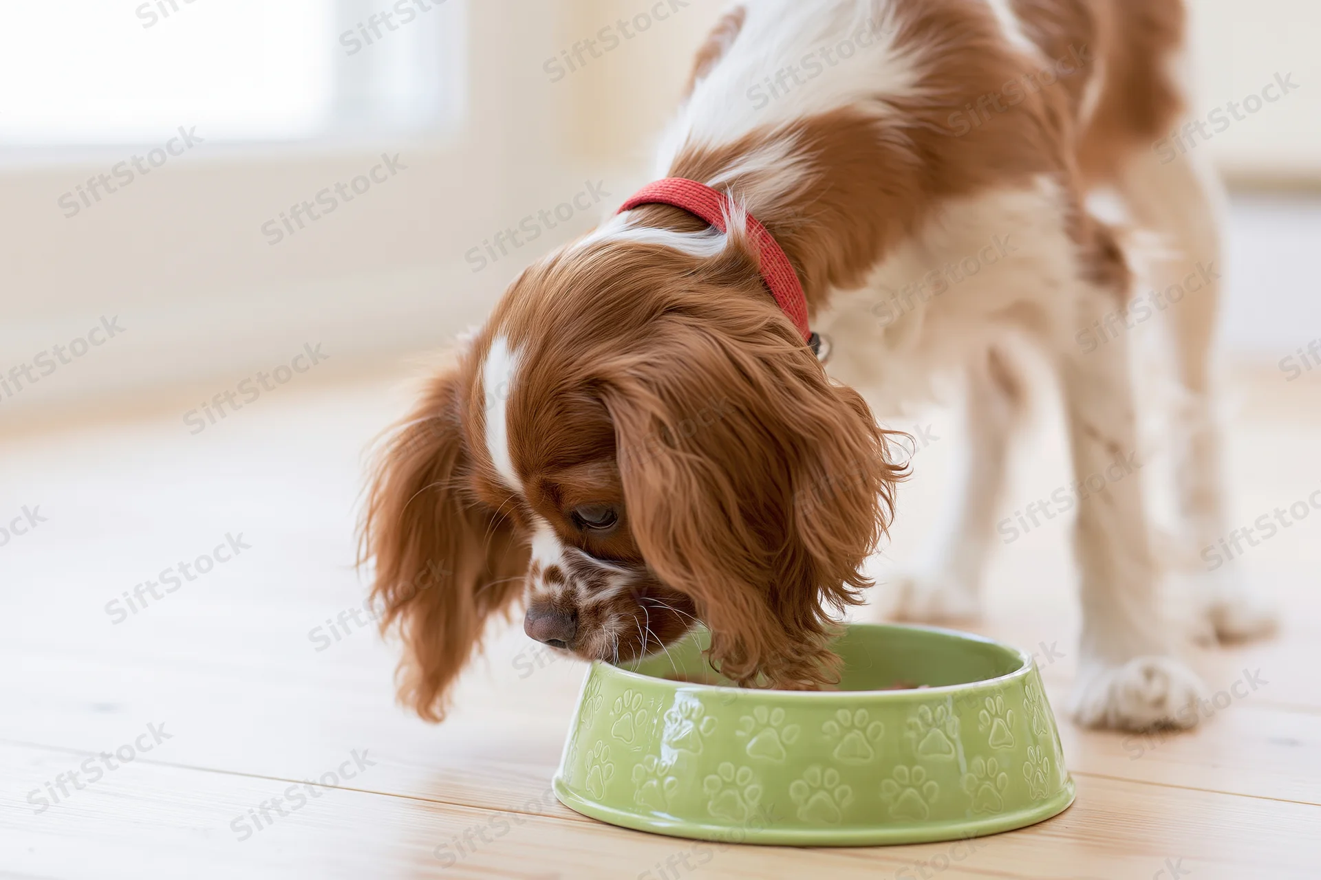 Cavalier king charles spaniel puppy eating from a green ceramic bowl on wooden floor indoors