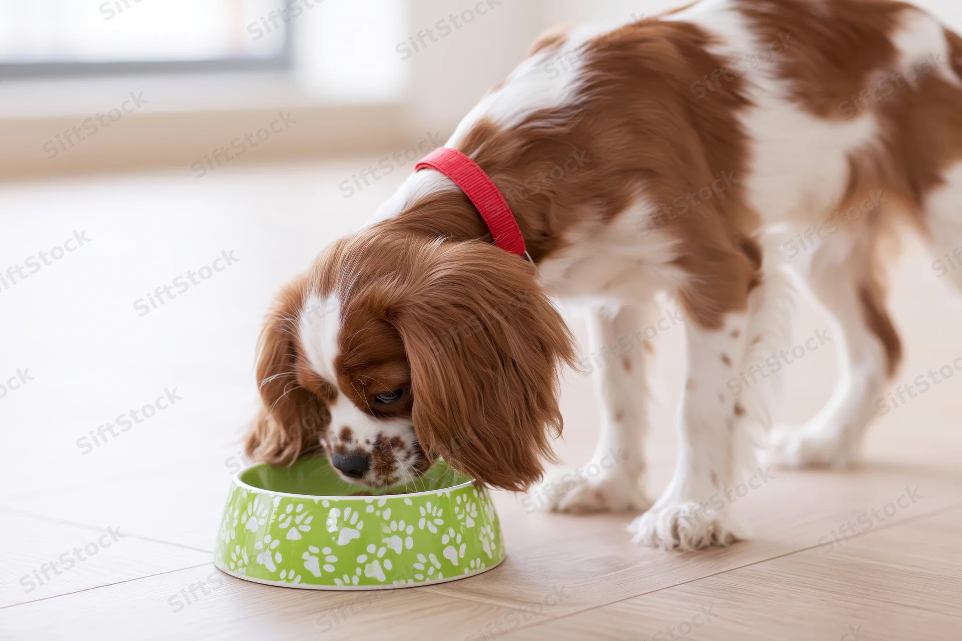 Cavalier king charles spaniel puppy eating from a green bowl with paw prints on a tiled floor indoors