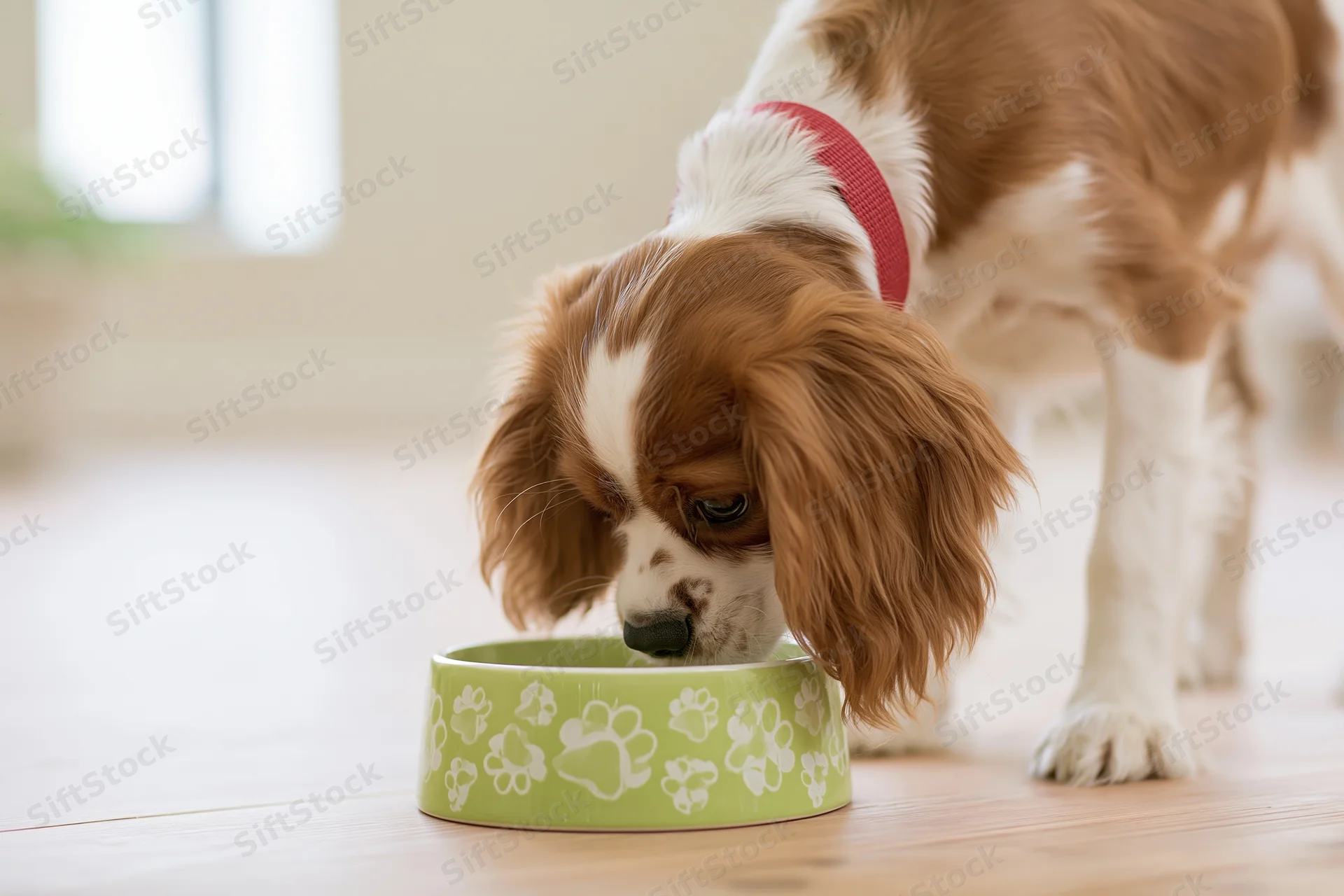 Cavalier king charles spaniel puppy eating from a green bowl on wooden floor indoors