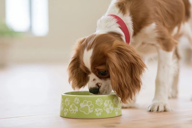 Cavalier king charles spaniel puppy eating from a green bowl on wooden floor indoors