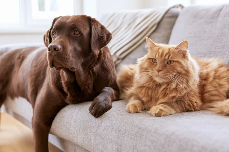 Chocolate labrador and fluffy orange tabby cat resting together on a couch in a living room